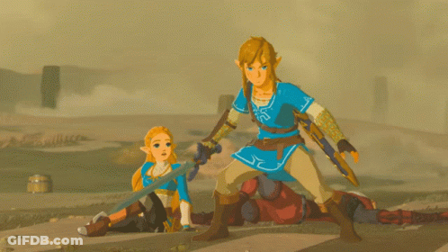 A Cartoon Of A Man And A Woman Holding Swords Standing Next To Each Other GIF