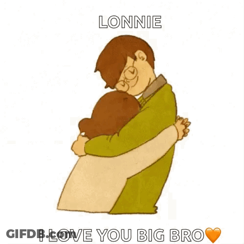 A Cartoon Of A Man And A Woman Hugging Each Other With The Words `` I Love You Big Bro '' . GIF