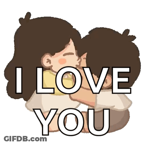 A Cartoon Of A Man And A Woman Hugging With The Words I Love You Behind Them . GIF