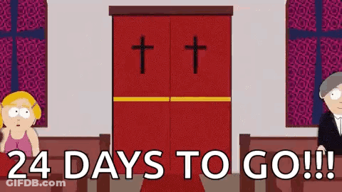 A Cartoon Of A Man And A Woman In A Church With The Words 24 Days To Go . GIF