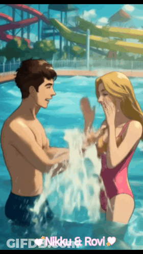 A Cartoon Of A Man And A Woman In A Swimming Pool With The Name Nikki And Rovi GIF