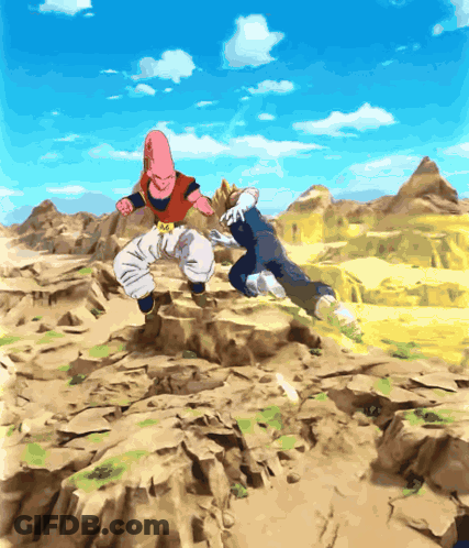 A Cartoon Of A Man And A Woman Jumping In The Air With Mountains In The Background GIF