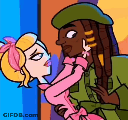 A Cartoon Of A Man And A Woman Kissing In A Room . GIF