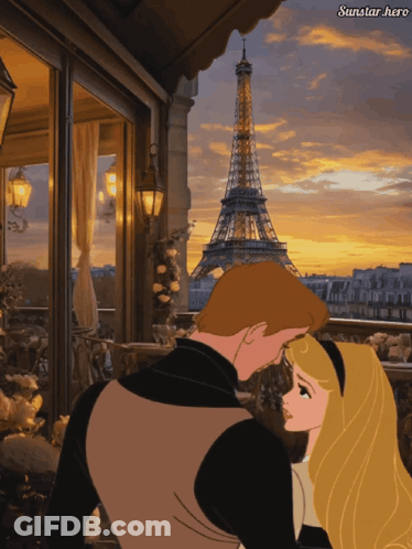 A Cartoon Of A Man And A Woman Kissing In Front Of An Eiffel Tower GIF