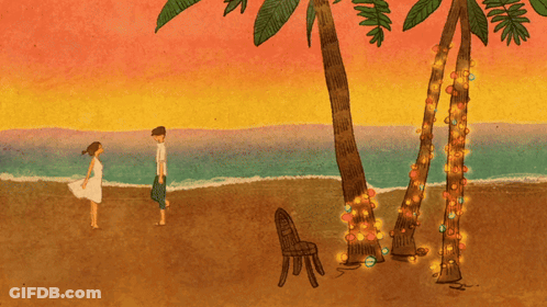 A Cartoon Of A Man And A Woman Kissing On A Beach GIF