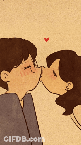 A Cartoon Of A Man And A Woman Kissing With A Heart Above Them GIF