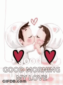 A Cartoon Of A Man And A Woman Kissing With The Words `` Good Morning My Love '' Written Below Them . GIF