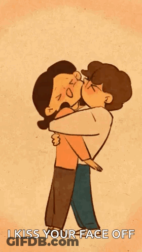 A Cartoon Of A Man And A Woman Kissing With The Words `` I Kiss Your Face Off '' . GIF