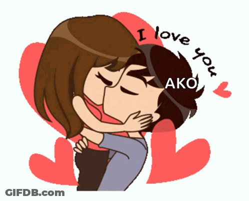 A Cartoon Of A Man And A Woman Kissing With The Words I Love You Ako GIF