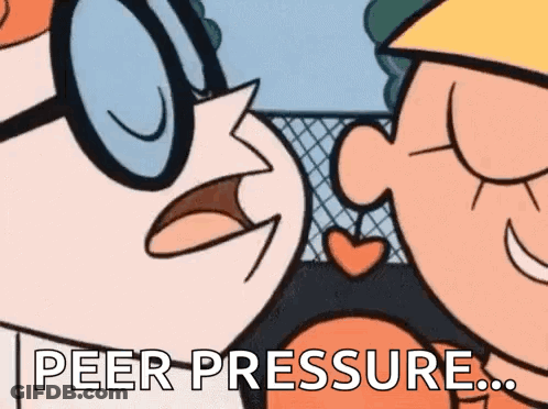 A Cartoon Of A Man And A Woman Kissing With The Words `` Peer Pressure '' Written On The Bottom . GIF