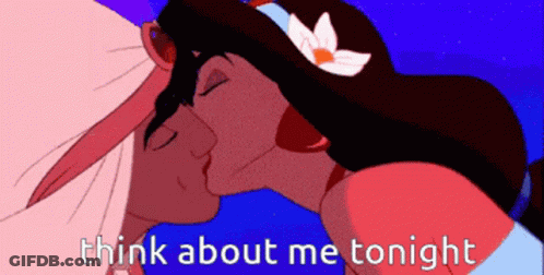 A Cartoon Of A Man And A Woman Kissing With The Words Think About Me Tonight Below Them GIF
