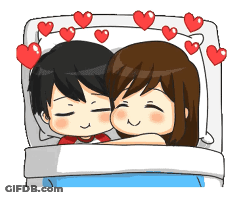 A Cartoon Of A Man And A Woman Laying In Bed With Hearts Around Them GIF
