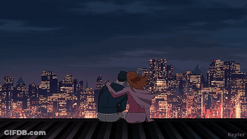 A Cartoon Of A Man And A Woman Looking At A City Skyline With The Word Kepler At The Bottom GIF