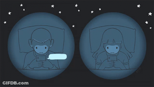 A Cartoon Of A Man And A Woman Looking At Their Cell Phones GIF