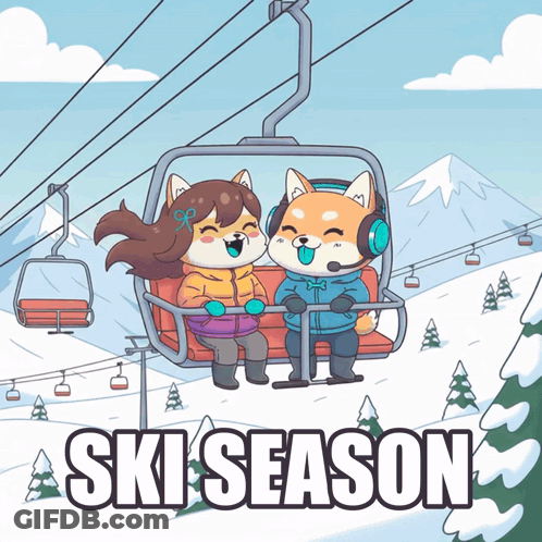 A Cartoon Of A Man And A Woman On A Ski Lift With Ski Season Written Below Them GIF