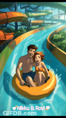 A Cartoon Of A Man And A Woman Riding Down A Water Slide With The Name Nikki And Rovi Written Below Them GIF