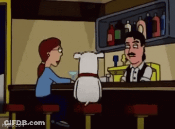 A Cartoon Of A Man And A Woman Sitting At A Bar With A Dog Sitting On A Bar Stool . GIF