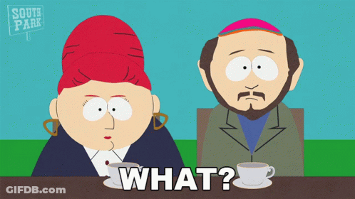 A Cartoon Of A Man And A Woman Sitting At A Table With The Words " What " Written Below Them GIF