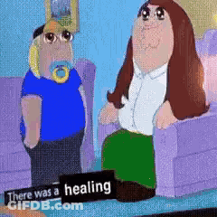 A Cartoon Of A Man And A Woman Sitting Next To Each Other With A Sign That Says There Was A Healing . GIF