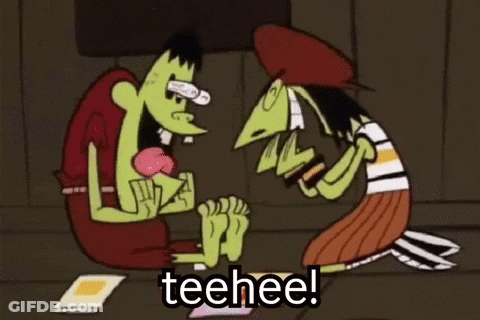 A Cartoon Of A Man And A Woman Sitting On The Floor With The Words Teehee . GIF