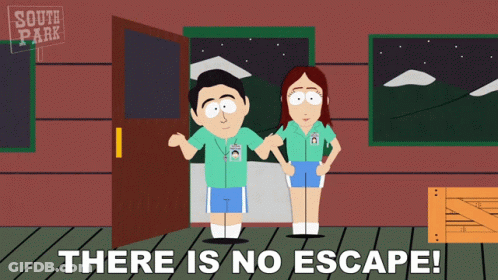 A Cartoon Of A Man And A Woman Standing In Front Of A Door With The Words " There Is No Escape " Below Them GIF