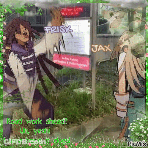 A Cartoon Of A Man And A Woman Standing Next To A Sign That Says Frisk Jax GIF