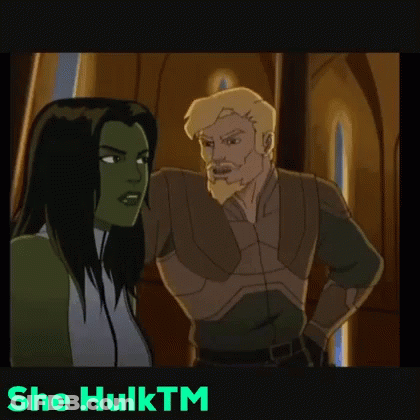 A Cartoon Of A Man And A Woman Standing Next To Each Other With The Caption She Hulktm GIF