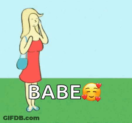 A Cartoon Of A Man And A Woman Standing Next To Each Other With The Word Babe On The Bottom GIF