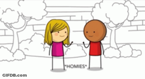 A Cartoon Of A Man And A Woman Standing Next To Each Other With The Word Homies Written On The Bottom GIF