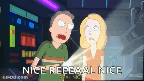 A Cartoon Of A Man And A Woman Standing Next To Each Other With The Words `` Nice Reeeeeal Nice '' . GIF