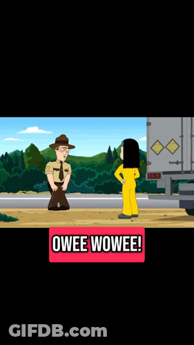 Cartoon Man And Woman With Owee Wowee Text GIF