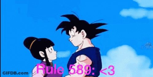 A Cartoon Of A Man And A Woman Standing Next To Each Other With The Words Rule 589 < 3 Above Them GIF