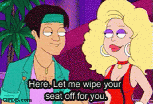 A Cartoon Of A Man And A Woman Talking With The Words Here Let Me Wipe Your Seat Off For You GIF