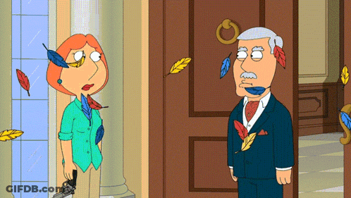 A Cartoon Of A Man And A Woman With Feathers On Their Face GIF