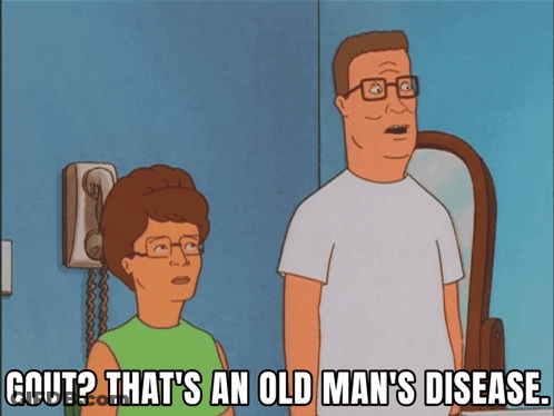 A Cartoon Of A Man And A Woman With The Caption Gout That 'S An Old Man 'S Disease .. GIF