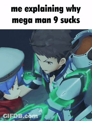 A Cartoon Of A Man And A Woman With The Caption " Me Explaining Why Mega Man 9 Sucks " GIF