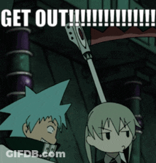 A Cartoon Of A Man And A Woman With The Words Get Out Written On The Bottom GIF