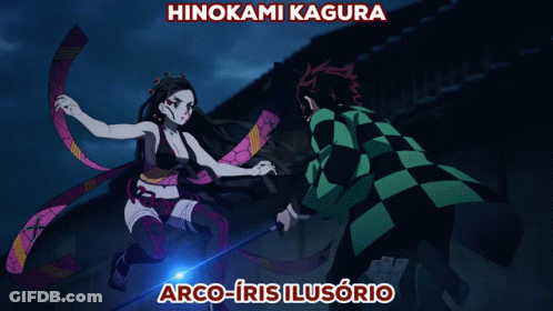 A Cartoon Of A Man And A Woman With The Words Hinokami Kagura Arco Iris Ilusorio Below Them GIF