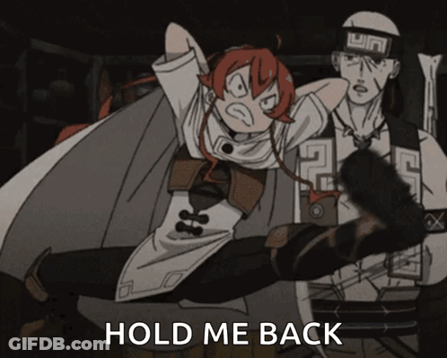 A Cartoon Of A Man And A Woman With The Words Hold Me Back On The Bottom GIF