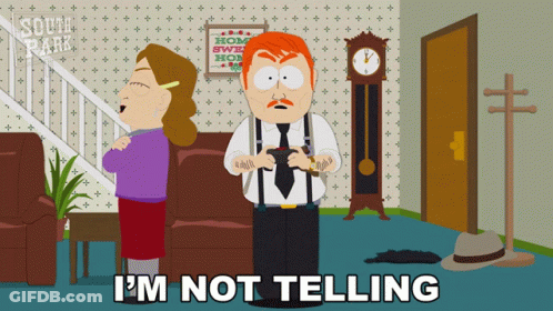 A Cartoon Of A Man And A Woman With The Words I 'M Not Telling Below Them GIF