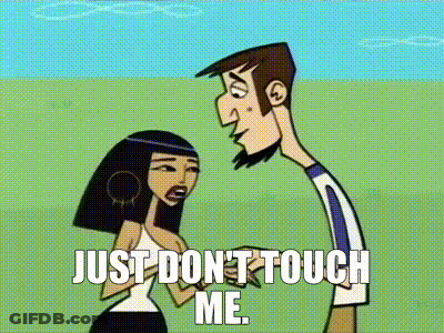 A Cartoon Of A Man And A Woman With The Words Just Don T Touch Me GIF