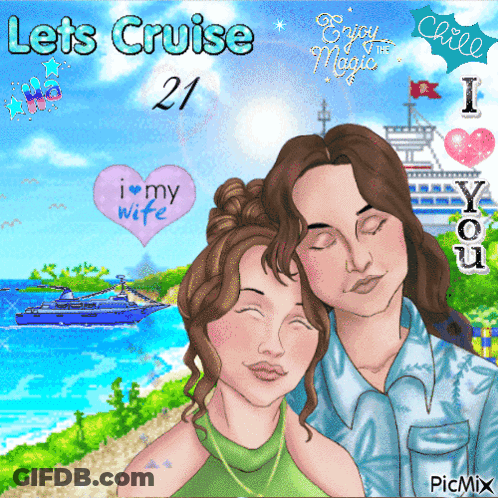 A Cartoon Of A Man And A Woman With The Words Let 'S Cruise 21 GIF