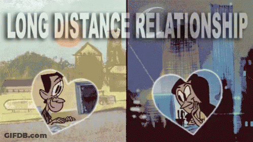 A Cartoon Of A Man And A Woman With The Words Long Distance Relationship GIF