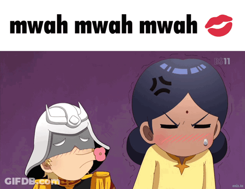 A Cartoon Of A Man And A Woman With The Words " Mwah Mwah Mwah " At The Top GIF