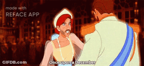 A Cartoon Of A Man And A Woman With The Words Once Upon A December Written Below Them GIF