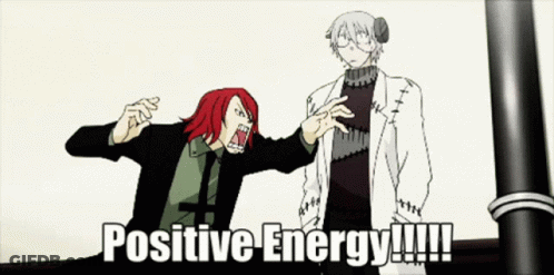 A Cartoon Of A Man And A Woman With The Words Positive Energy !!! GIF