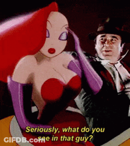A Cartoon Of A Man And A Woman With The Words Seriously What Do You See In That Guy On The Bottom GIF