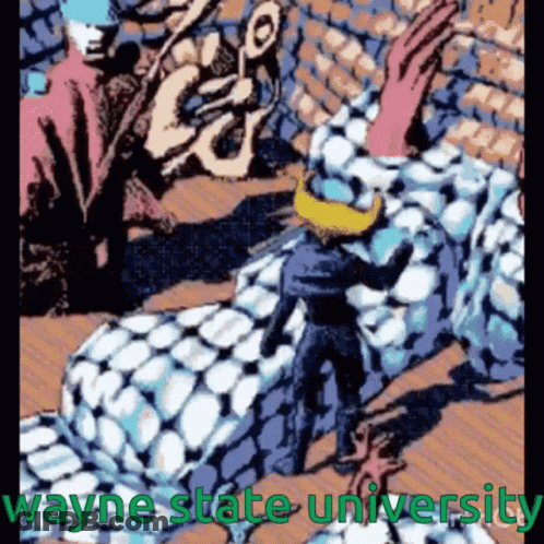 A Cartoon Of A Man And A Woman With The Words Wayne State University In Green GIF