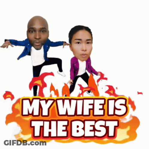 A Cartoon Of A Man And A Woman With Their Faces On A Sign That Says " My Wife Is The Best " GIF