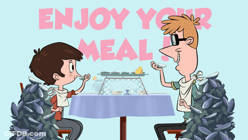 A Cartoon Of A Man And Boy Sitting At A Table With The Words Enjoy Your Meal Behind Them GIF